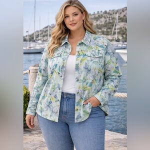 Alfred Dunner Jacket Womens L Floral Denim Embroidered Collared Button Front